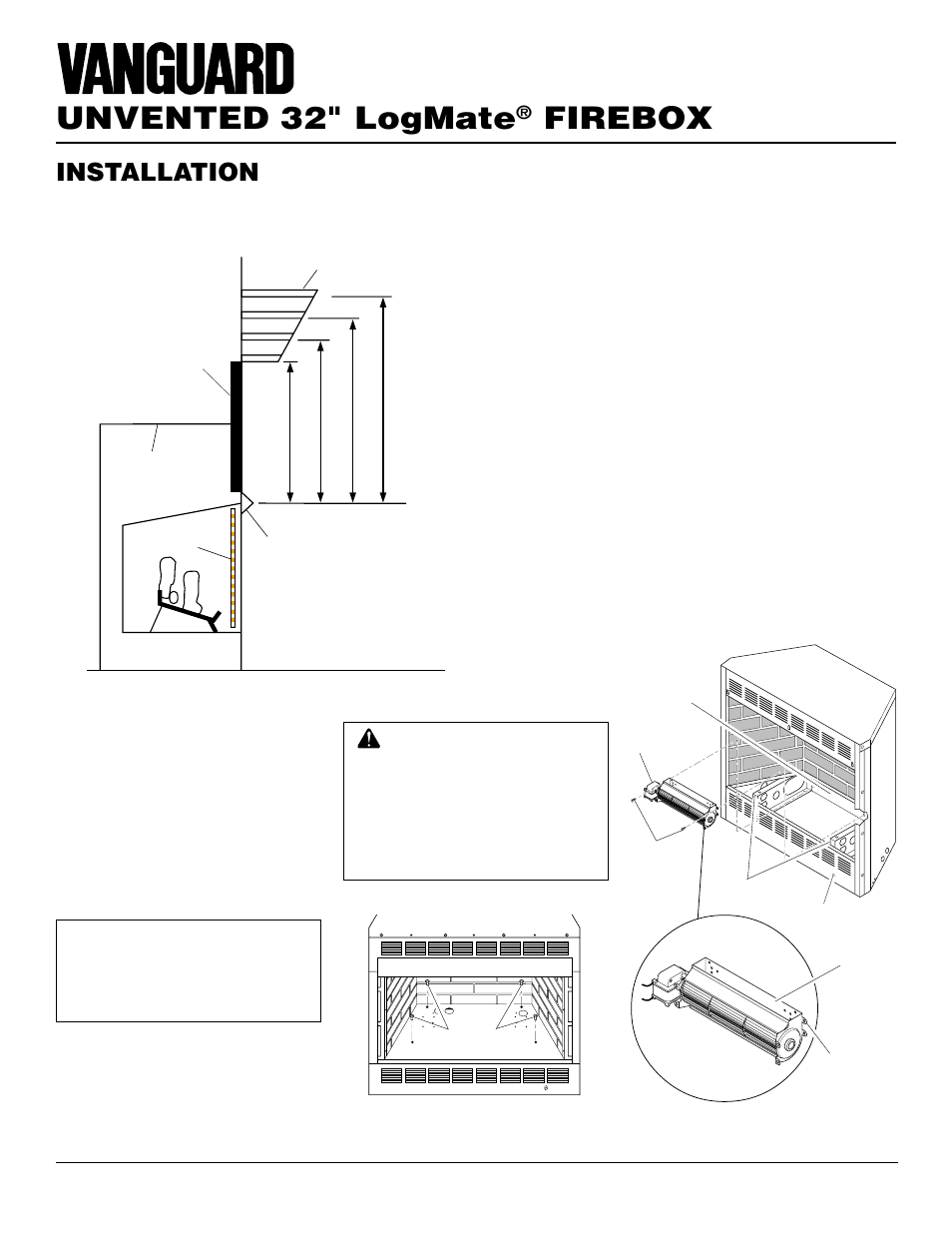 Unvented 32" logmate, Firebox, Installation | Continued, Installing blower accessory (model fb32ca only) | Vanguard Managed Solutions NLFB32NC User Manual | Page 8 / 18
