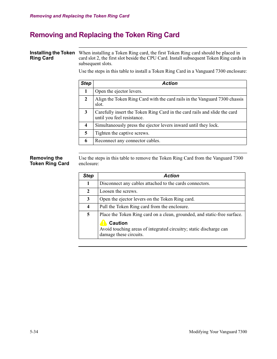 Removing and replacing the token ring card | Vanguard Managed Solutions Vanguard 7300 Series User Manual | Page 172 / 227
