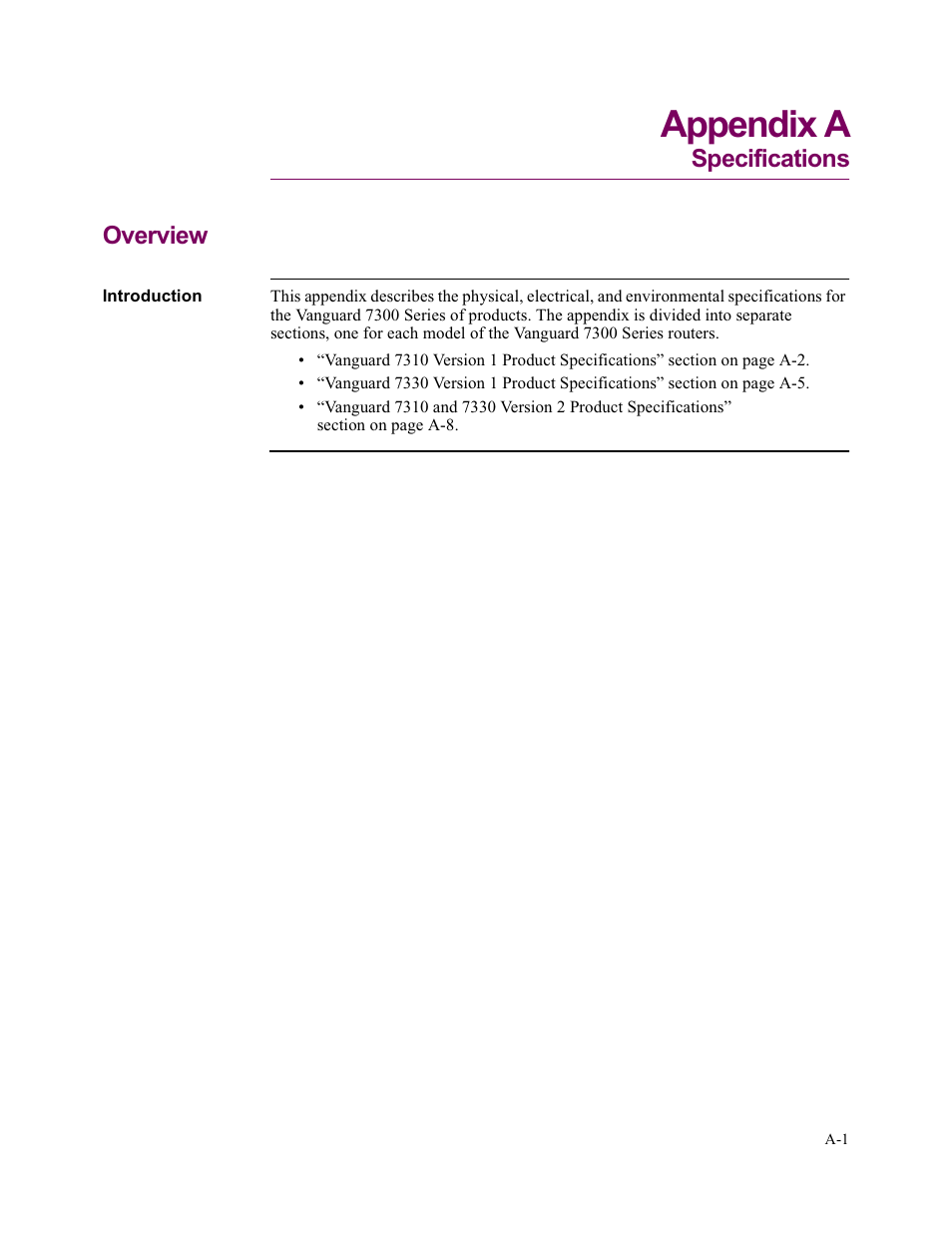 Appendix a. specifications, Appendix a, specifications, Appendix a | Specifications overview | Vanguard Managed Solutions Vanguard 7300 Series User Manual | Page 189 / 227