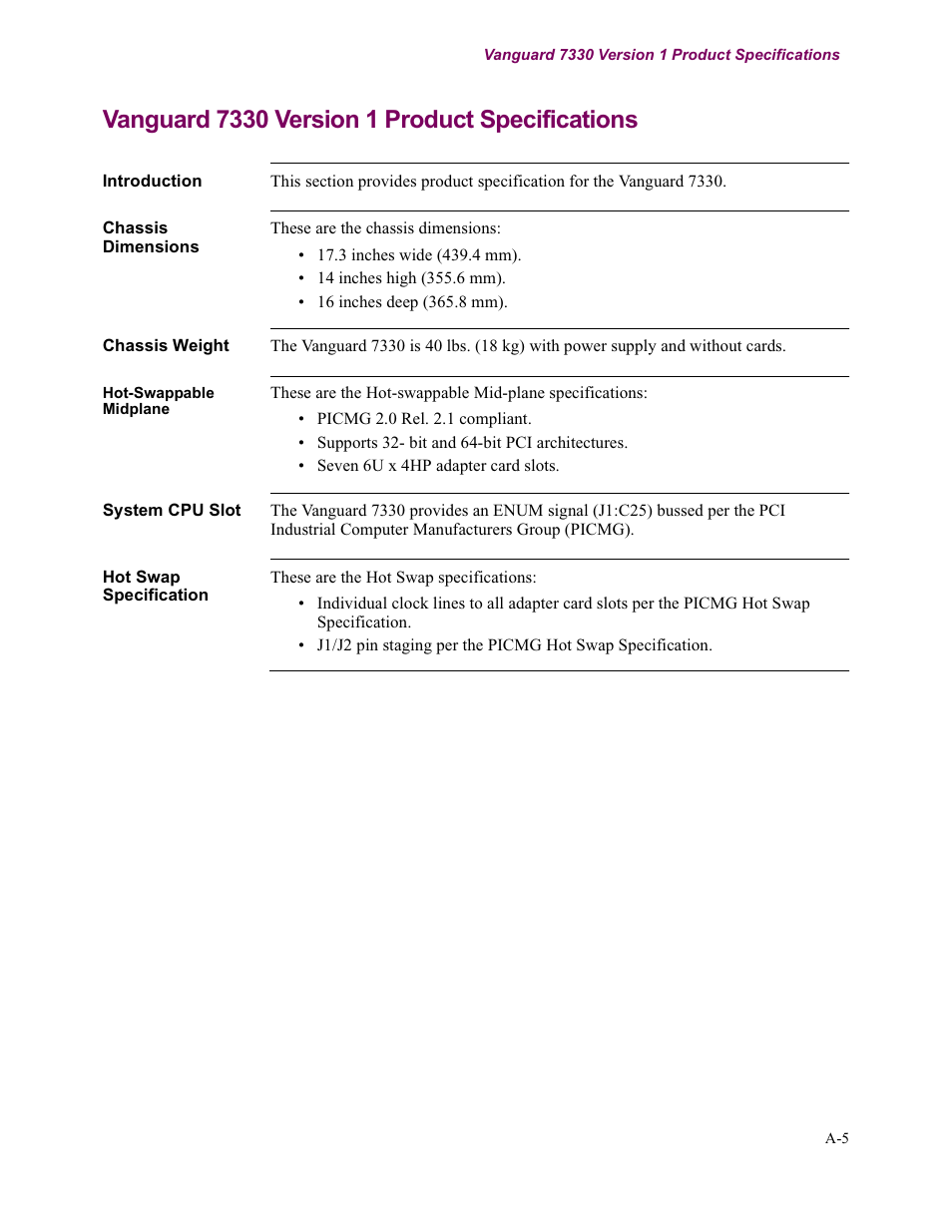 Vanguard 7330 version 1 product specifications | Vanguard Managed Solutions Vanguard 7300 Series User Manual | Page 193 / 227