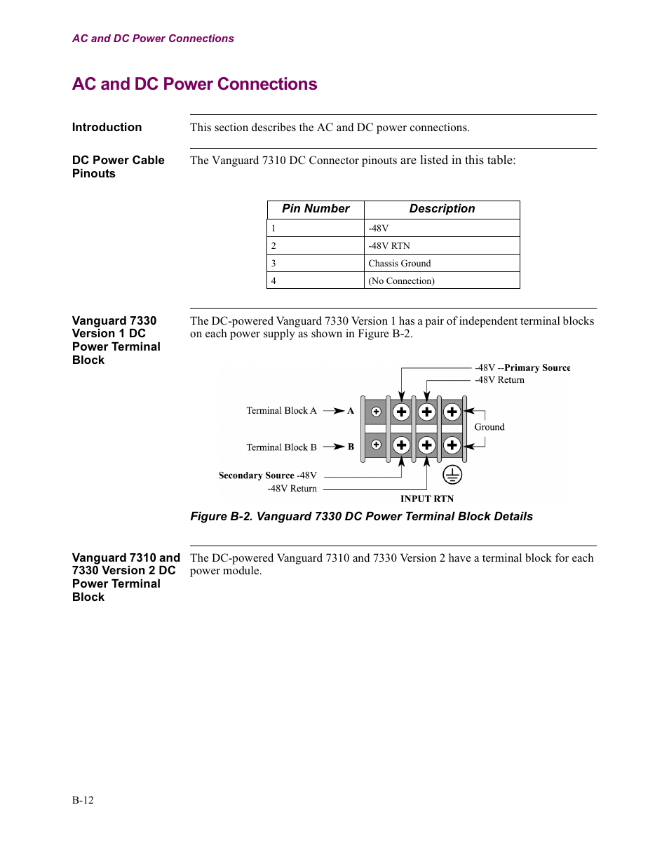 Ac and dc power connections, B-12 | Vanguard Managed Solutions Vanguard 7300 Series User Manual | Page 210 / 227