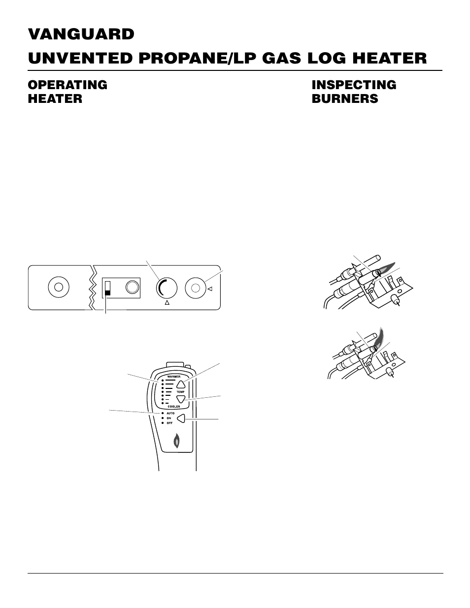 Unvented propane/lp gas log heater vanguard, Operating heater, Inspecting burners | Continued, Pilot flame pattern, Burner primary air holes, Main burner | Vanguard Managed Solutions VYS30PWA User Manual | Page 16 / 26