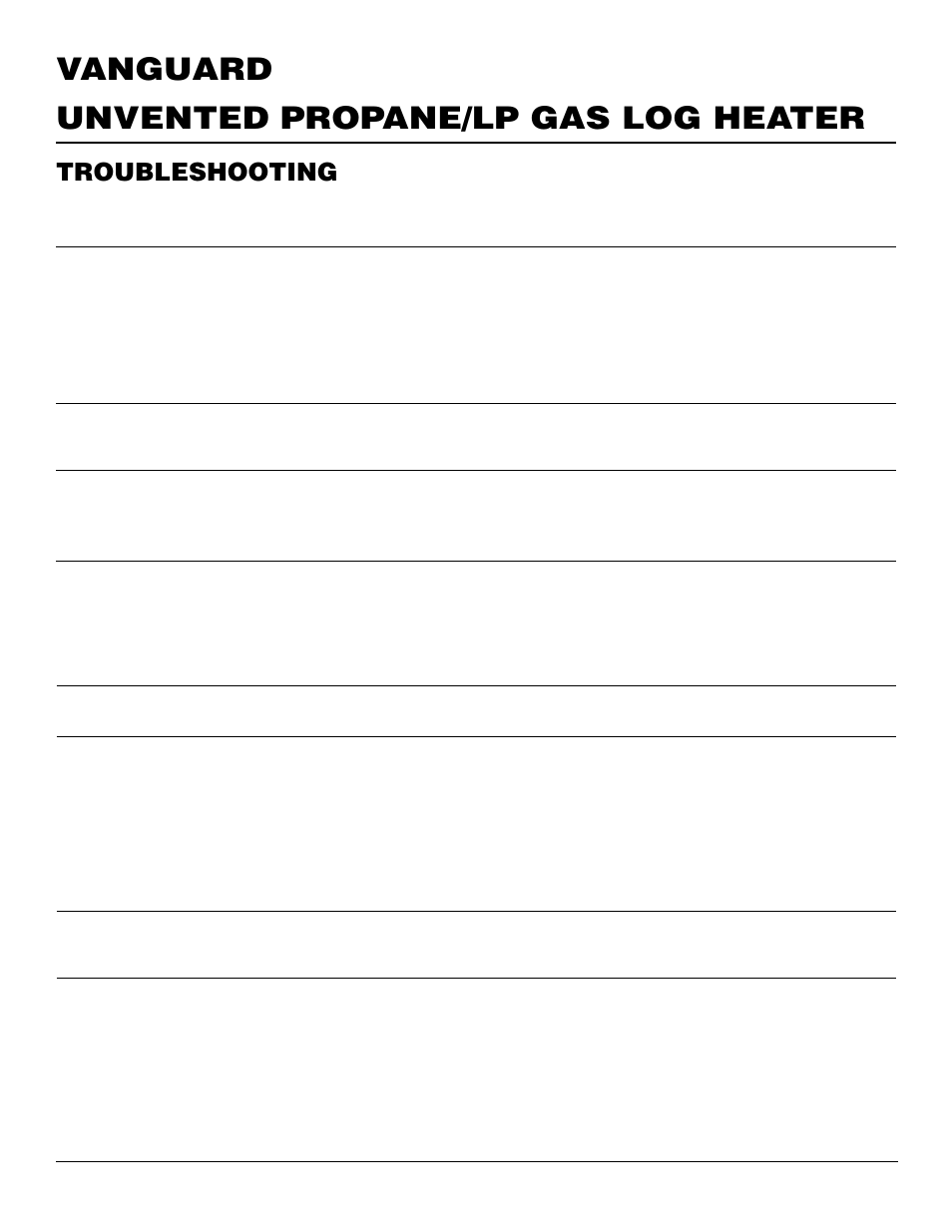 Unvented propane/lp gas log heater vanguard, Troubleshooting | Vanguard Managed Solutions VYS30PWA User Manual | Page 18 / 26