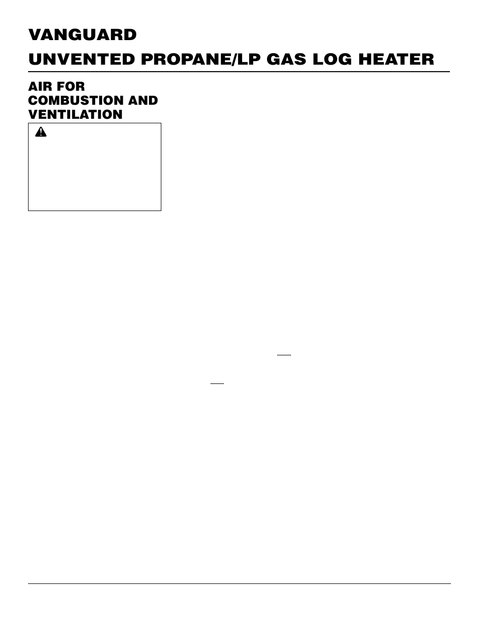 Unvented propane/lp gas log heater vanguard, Air for combustion and ventilation | Vanguard Managed Solutions VYS30PWA User Manual | Page 4 / 26