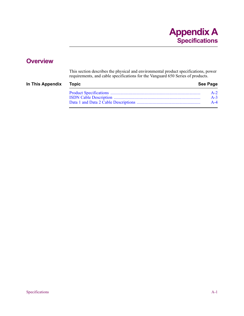 Appendix a specifications, Appendix a. specifications, Appendix a | Specifications overview | Vanguard Managed Solutions 650 User Manual | Page 63 / 82