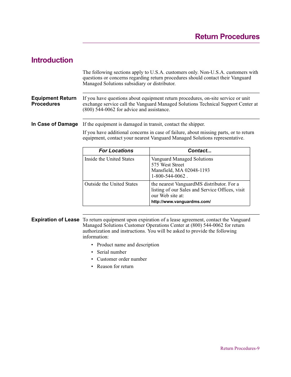 Return procedures, Return procedures introduction | Vanguard Managed Solutions 650 User Manual | Page 79 / 82