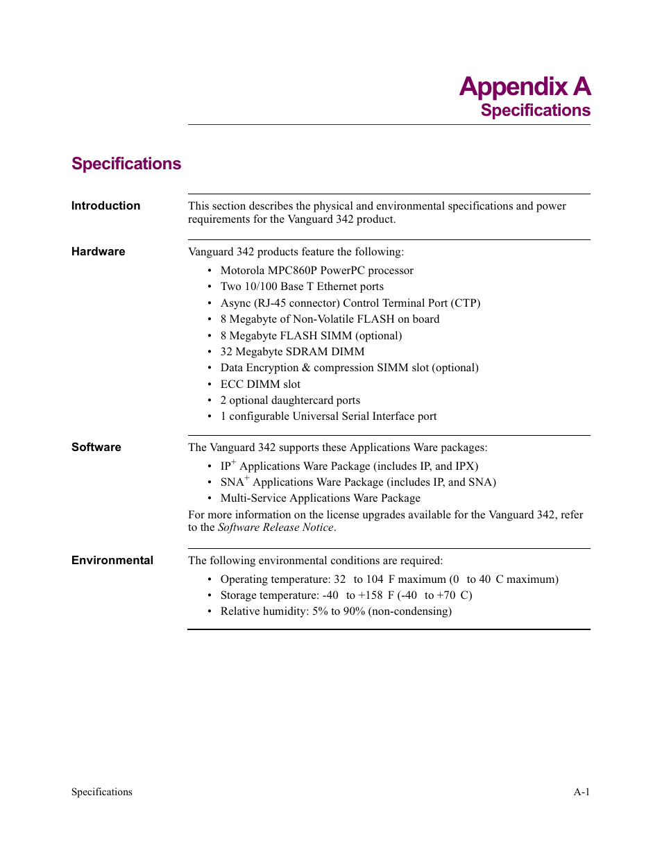 Appendix a. specifications, Appendix a, Specifications | Vanguard Managed Solutions Vanguard 342 User Manual | Page 99 / 115