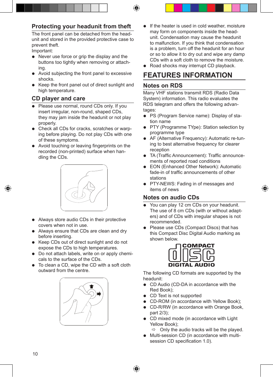 Features information, Protecting your headunit from theft, Cd player and care | VDO Dayton CD 2327 G User Manual | Page 10 / 29