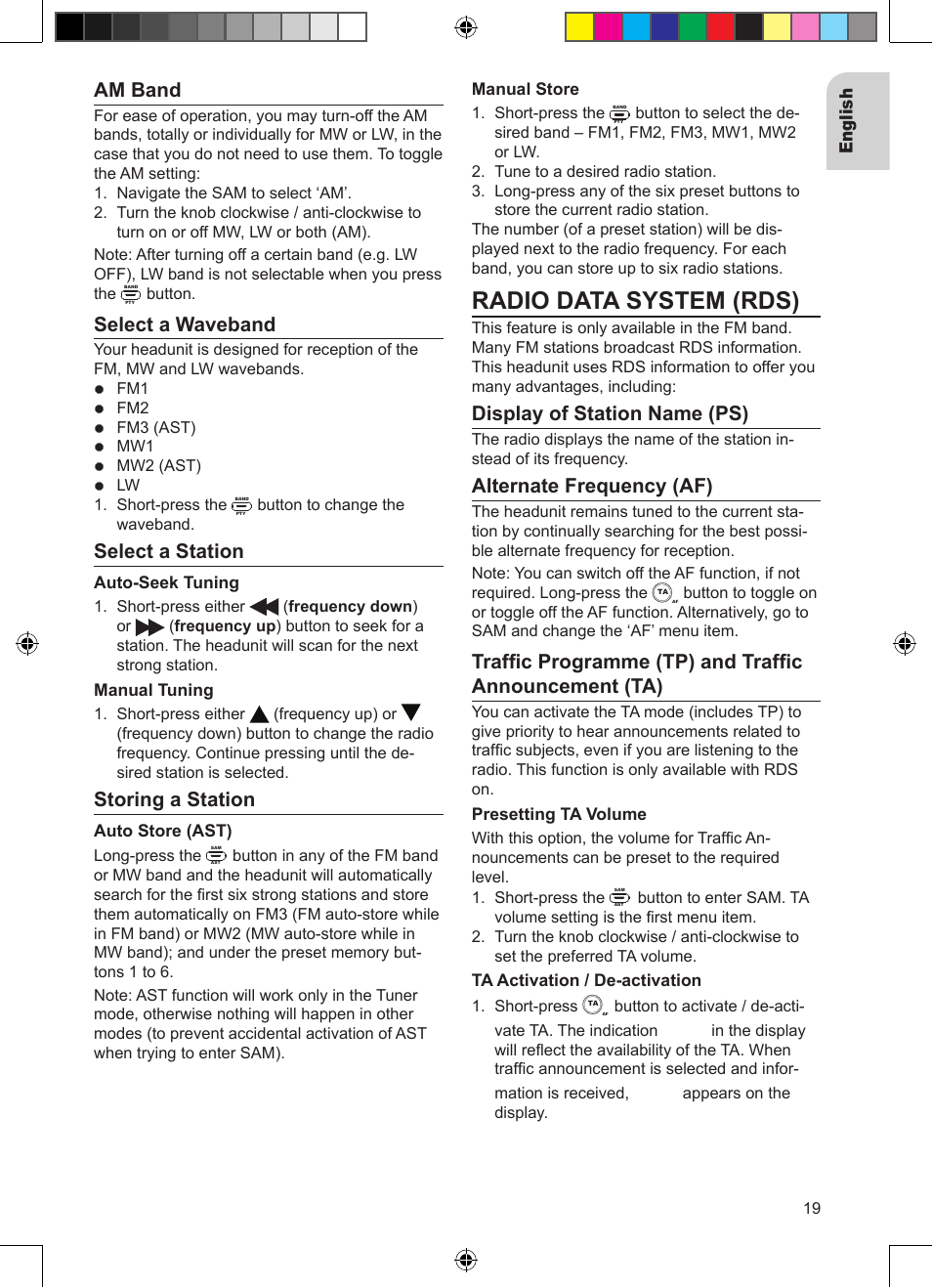 Radio data system (rds), Am band, Select a waveband | Select a station, Storing a station, Display of station name (ps), Alternate frequency (af) | VDO Dayton CD 2327 G User Manual | Page 19 / 29