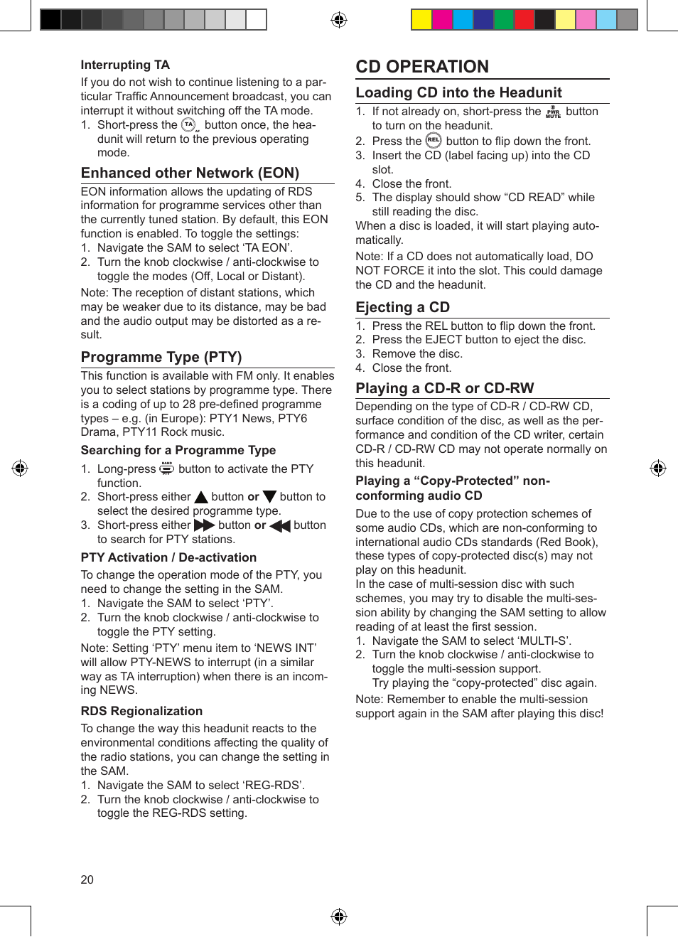 Cd operation, Enhanced other network (eon), Programme type (pty) | Loading cd into the headunit, Ejecting a cd, Playing a cd-r or cd-rw | VDO Dayton CD 2327 G User Manual | Page 20 / 29