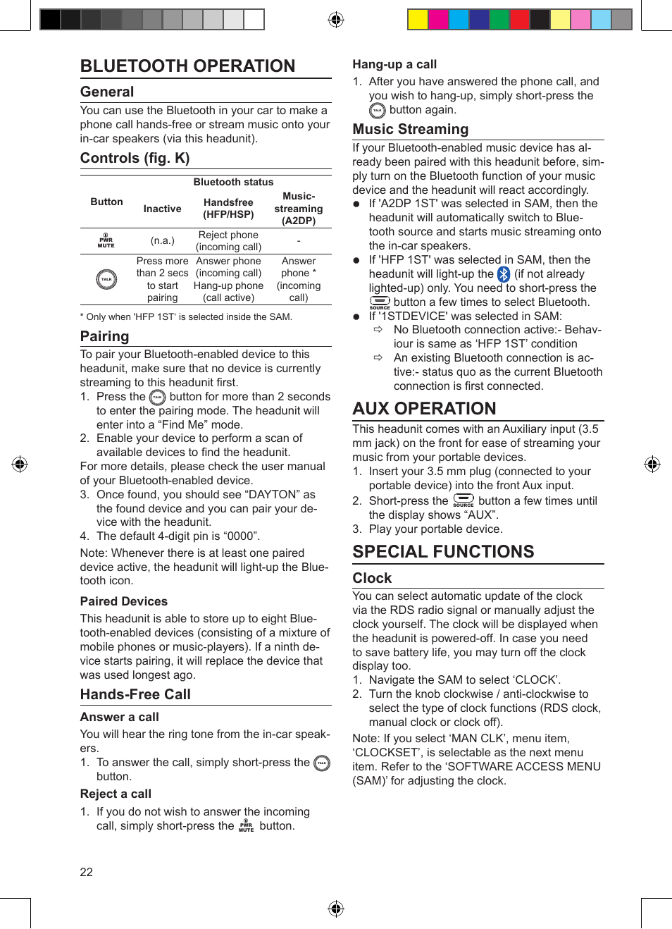 Bluetooth operation, Aux operation, Special functions | General, Controls (fig. k), Pairing, Hands-free call, Music streaming, Clock | VDO Dayton CD 2327 G User Manual | Page 22 / 29