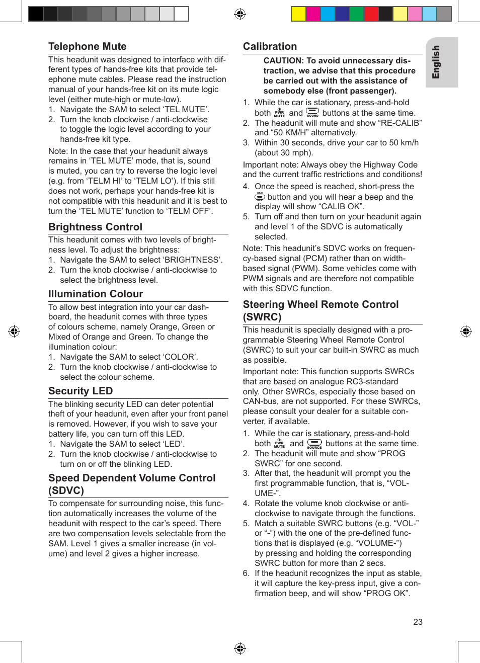 Telephone mute, Brightness control, Illumination colour | Security led, Speed dependent volume control (sdvc), Calibration, Steering wheel remote control (swrc) | VDO Dayton CD 2327 G User Manual | Page 23 / 29