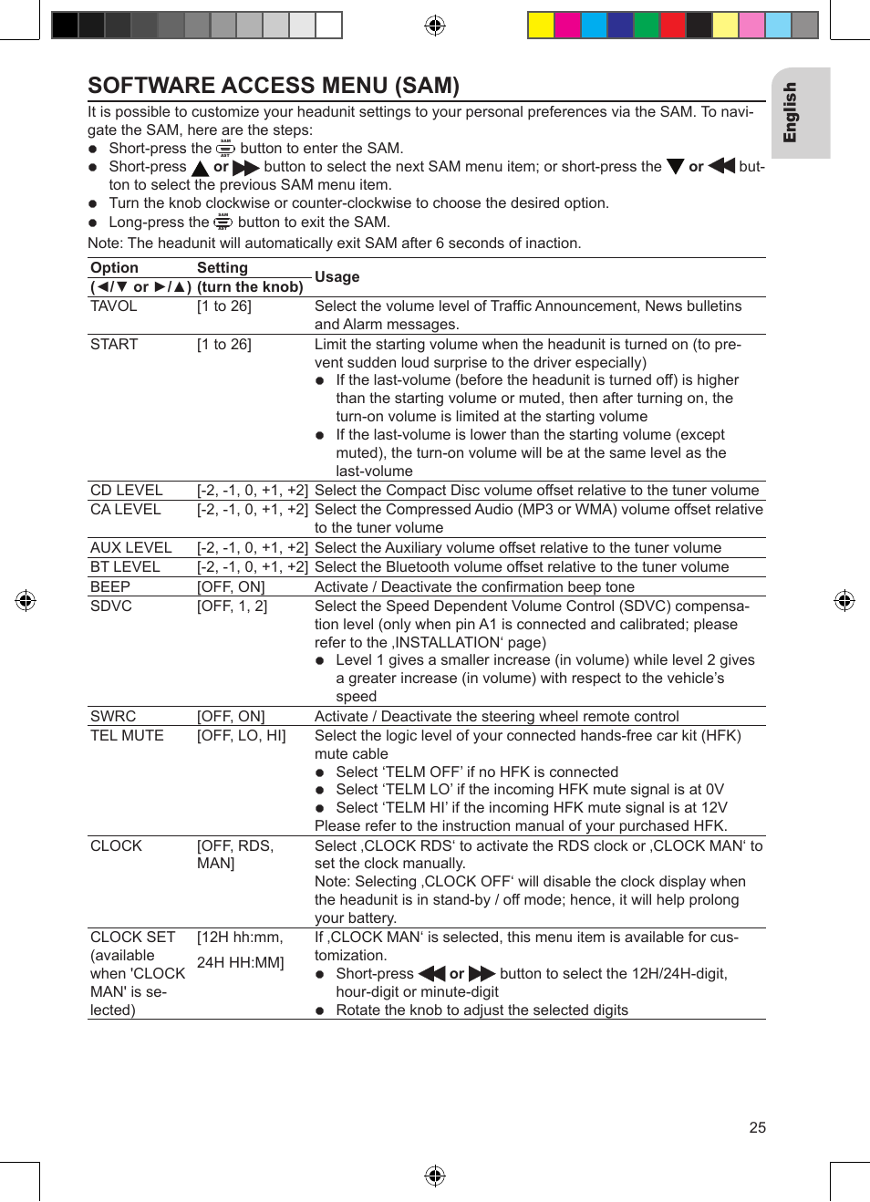 Software access menu (sam) | VDO Dayton CD 2327 G User Manual | Page 25 / 29