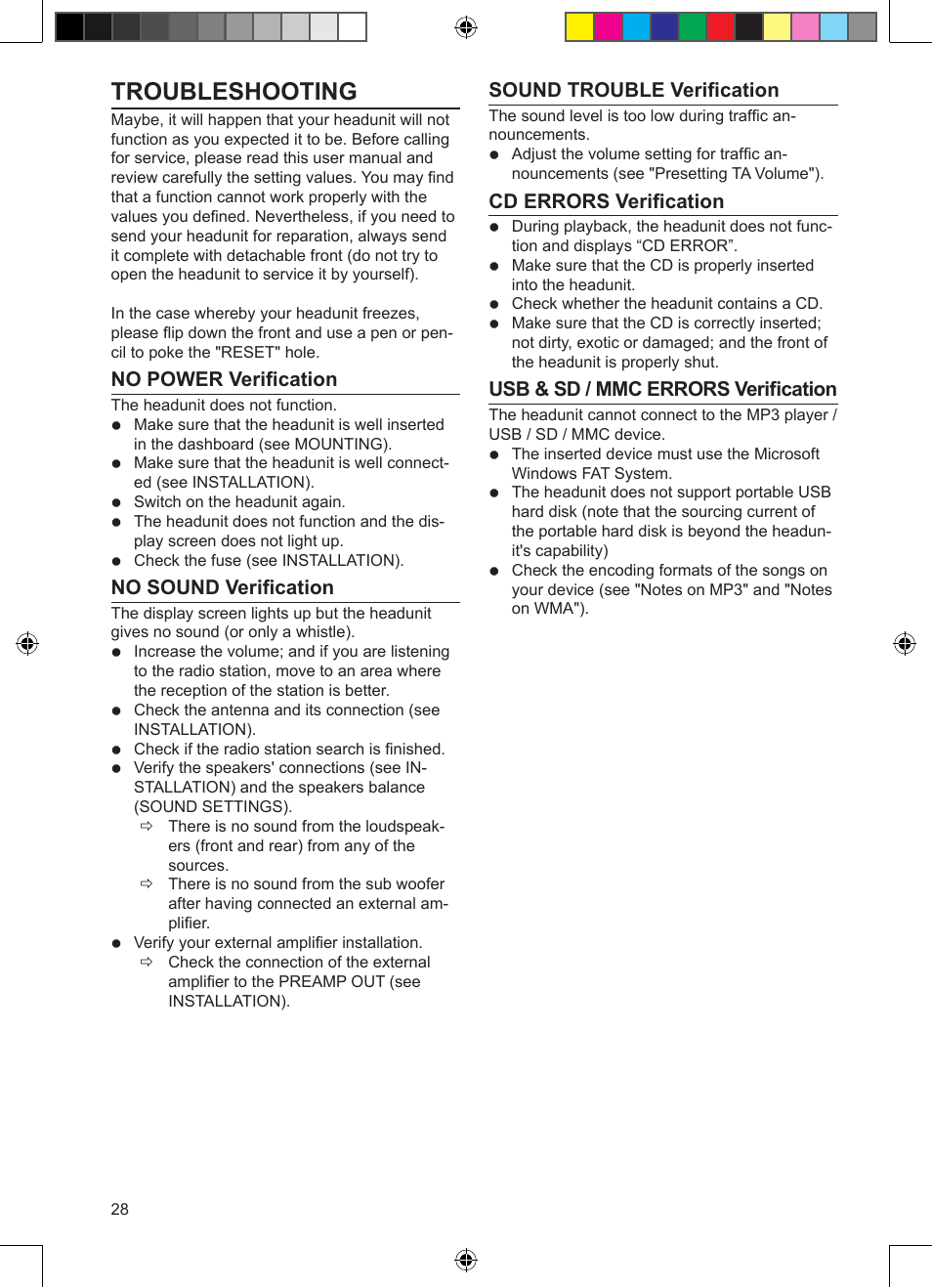 Troubleshooting, No power verification, No sound verification | Sound trouble verification, Cd errors verification, Usb & sd / mmc errors verification | VDO Dayton CD 2327 G User Manual | Page 28 / 29