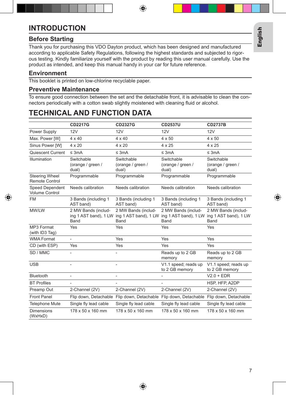 Introduction, Technical and function data, Before starting | Environment, Preventive maintenance, Eng lish | VDO Dayton CD 2327 G User Manual | Page 7 / 29