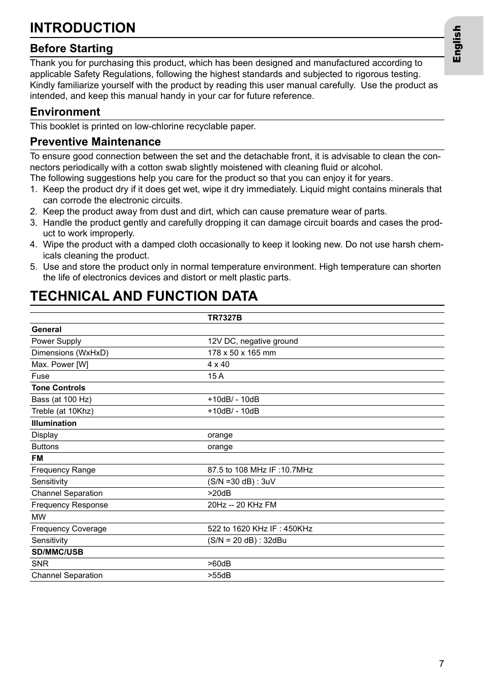 Introduction, Technical and function data, Before starting | Environment, Preventive maintenance, Eng lish | VDO Dayton TR 7327 B User Manual | Page 6 / 26