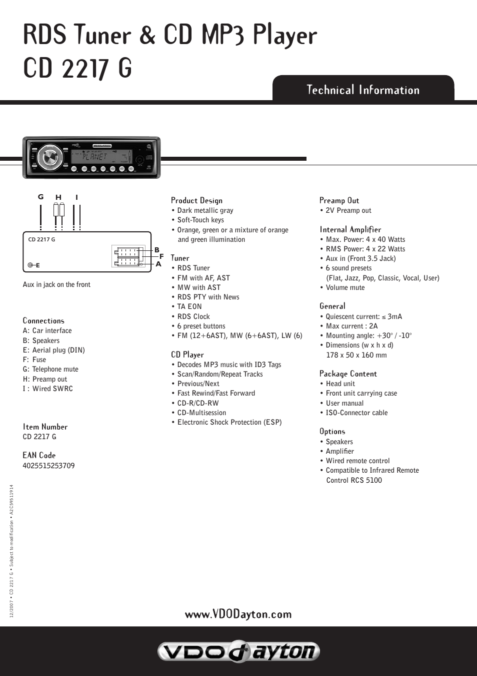 Technical information | VDO Dayton CD 2217 G User Manual | Page 2 / 2
