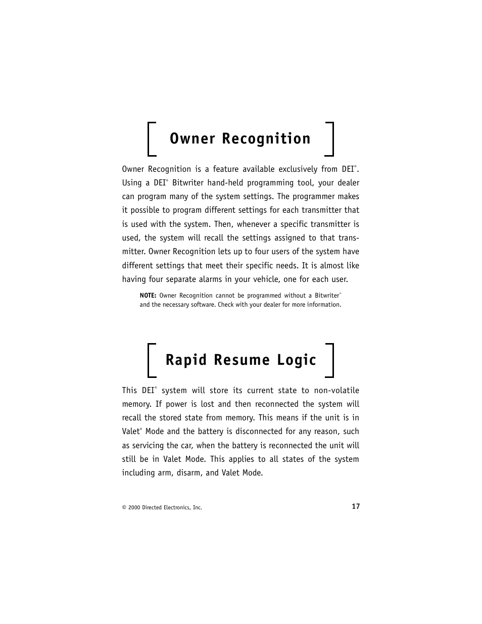 Owner recognition, Rapid resume logic | Viper 700 ESP User Manual | Page 18 / 29