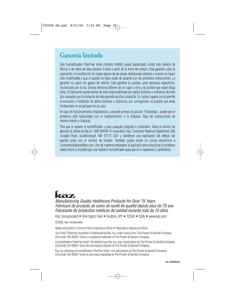 Garantía limitada | Vicks V3500N User Manual | Page 30 / 30