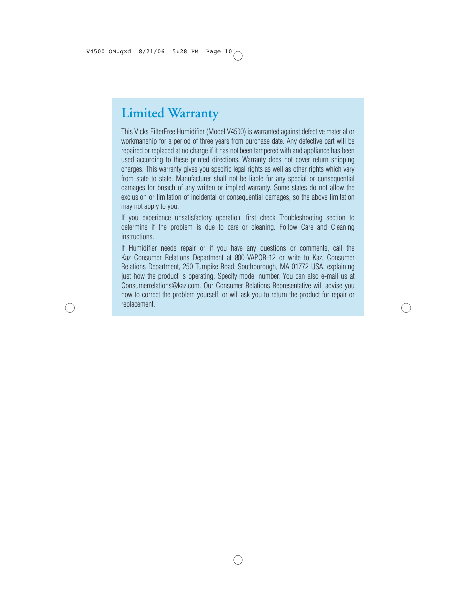 Limited warranty | Vicks V4500 User Manual | Page 10 / 30
