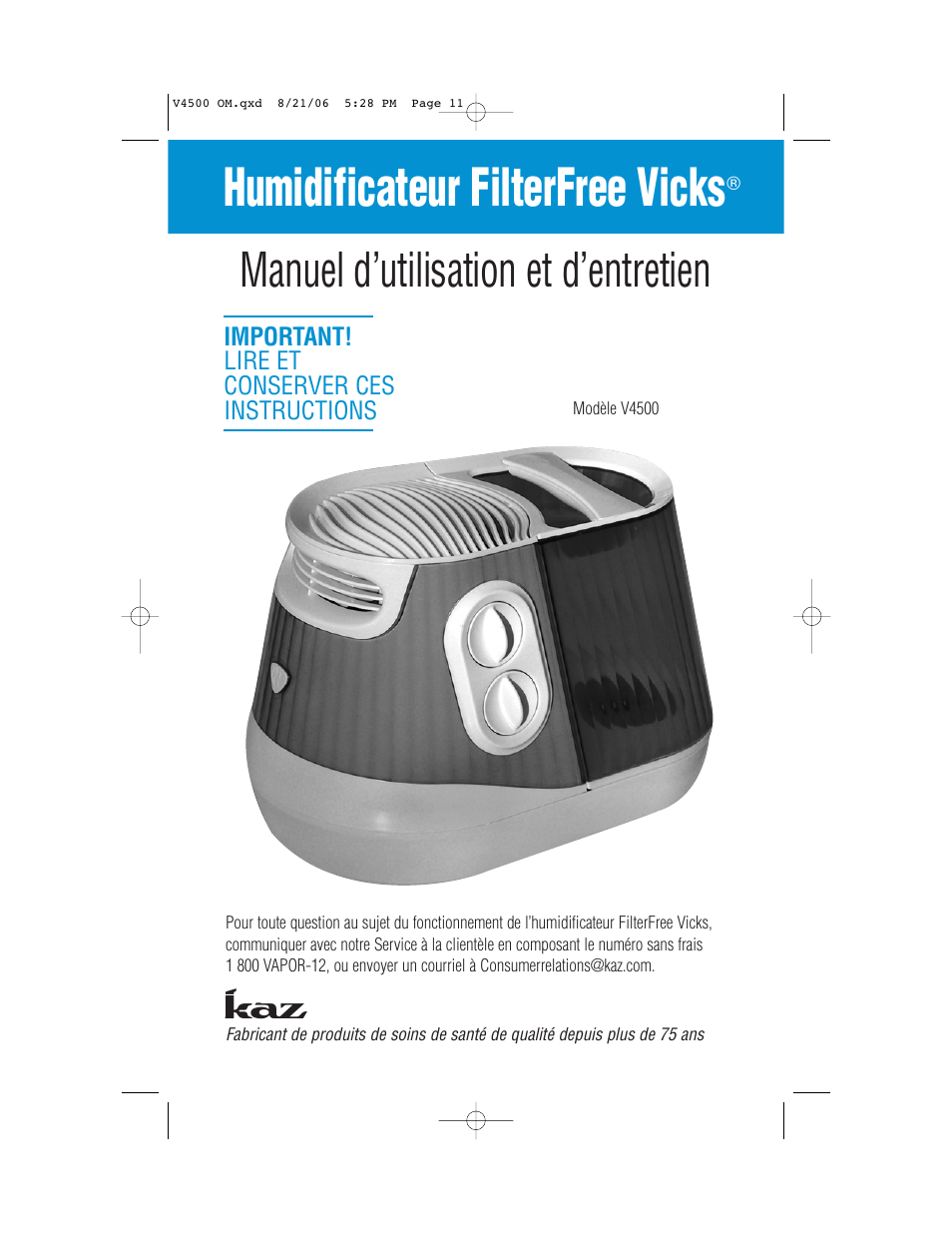 Humidificateur filterfree vicks, Manuel d’utilisation et d’entretien | Vicks V4500 User Manual | Page 11 / 30