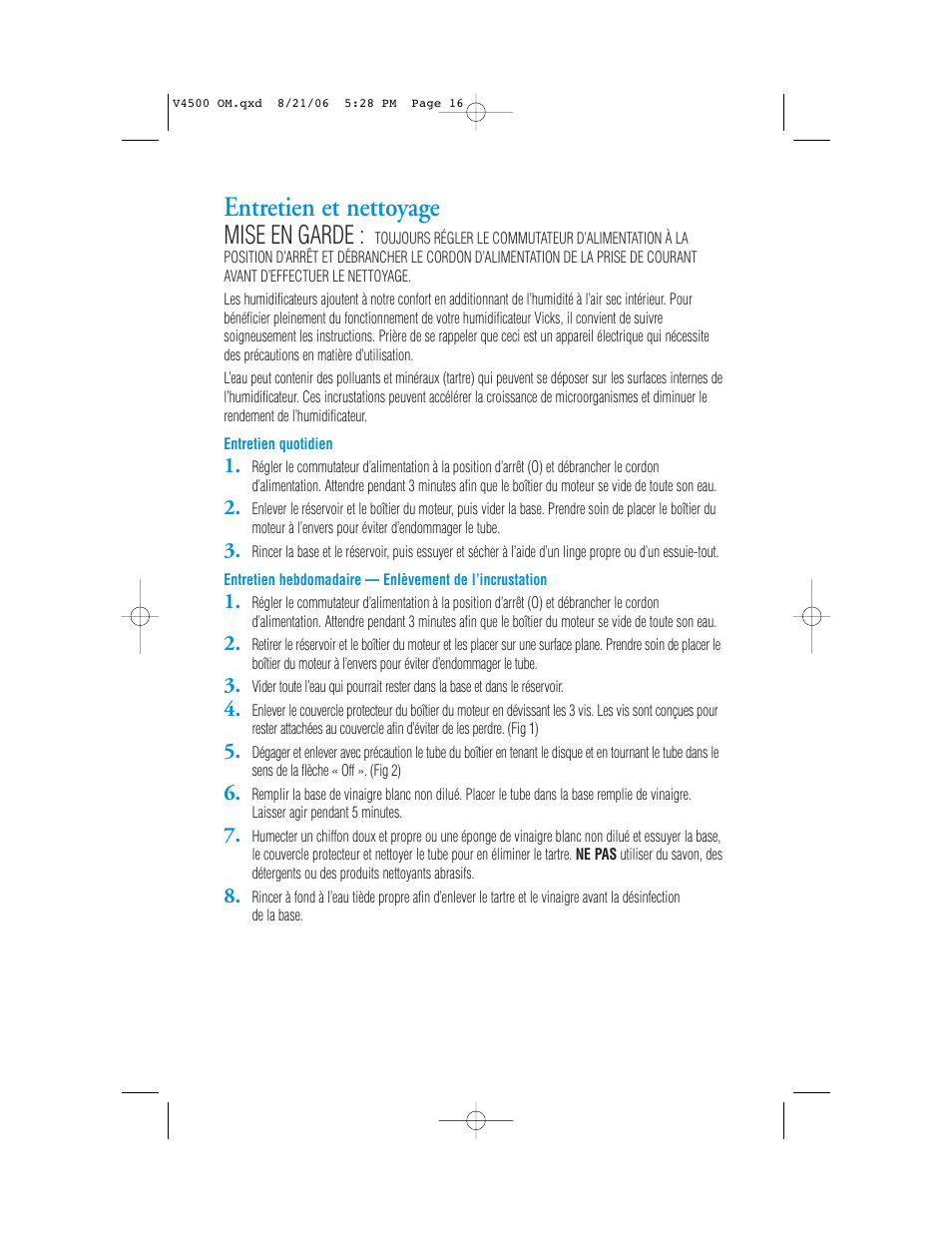 Entretien et nettoyage, Mise en garde | Vicks V4500 User Manual | Page 16 / 30