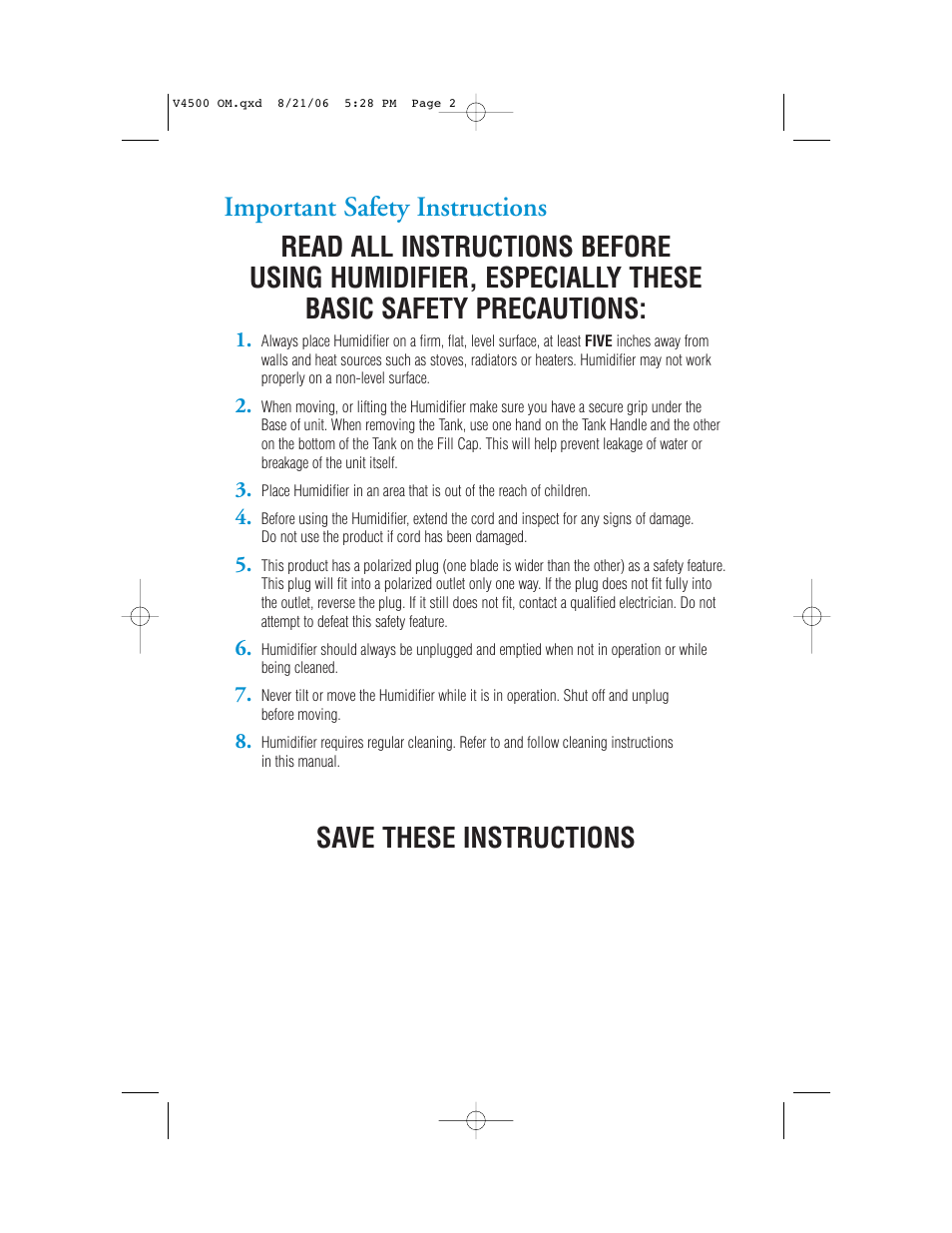 Save these instructions | Vicks V4500 User Manual | Page 2 / 30