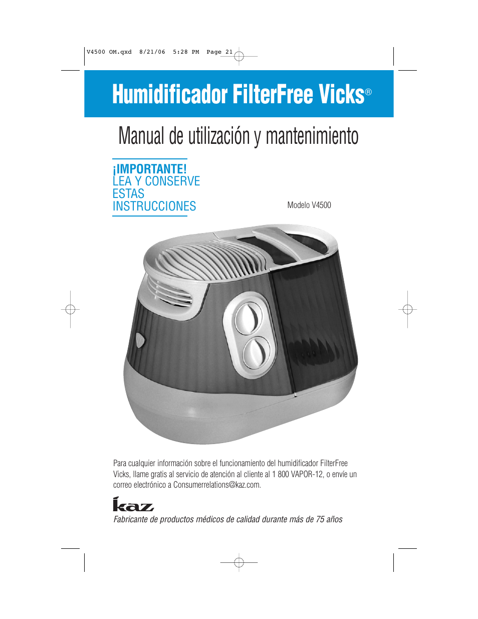 Humidificador filterfree vicks, Manual de utilización y mantenimiento | Vicks V4500 User Manual | Page 21 / 30