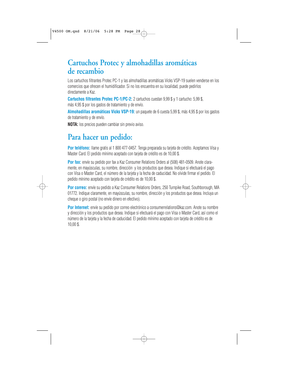 Para hacer un pedido | Vicks V4500 User Manual | Page 28 / 30