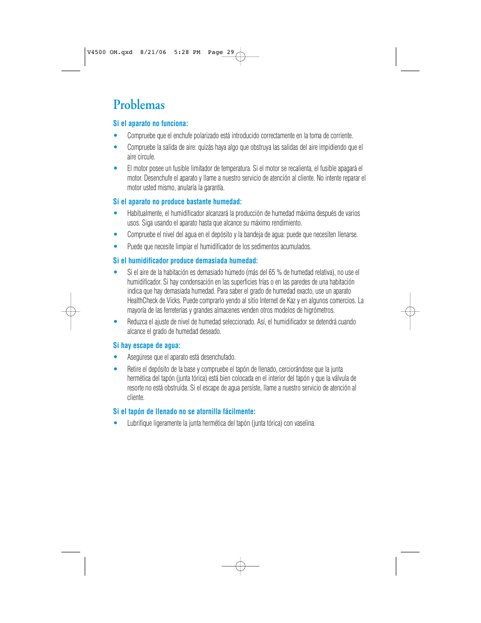 Problemas | Vicks V4500 User Manual | Page 29 / 30