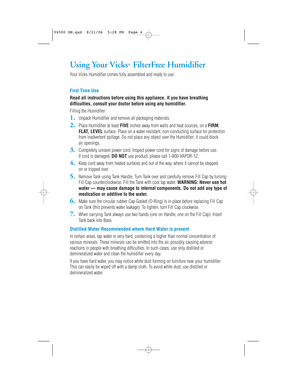 Using your vicks, Filterfree humidifier | Vicks V4500 User Manual | Page 4 / 30