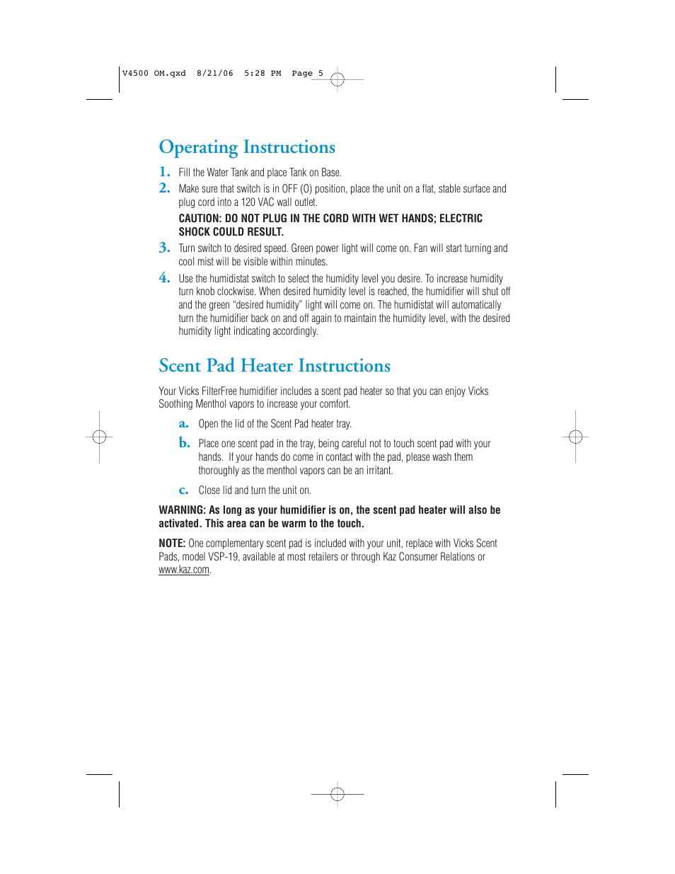 Operating instructions, Scent pad heater instructions | Vicks V4500 User Manual | Page 5 / 30