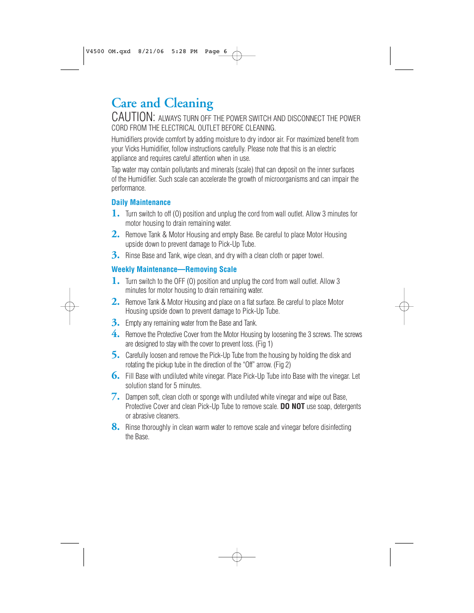 Care and cleaning, Caution | Vicks V4500 User Manual | Page 6 / 30