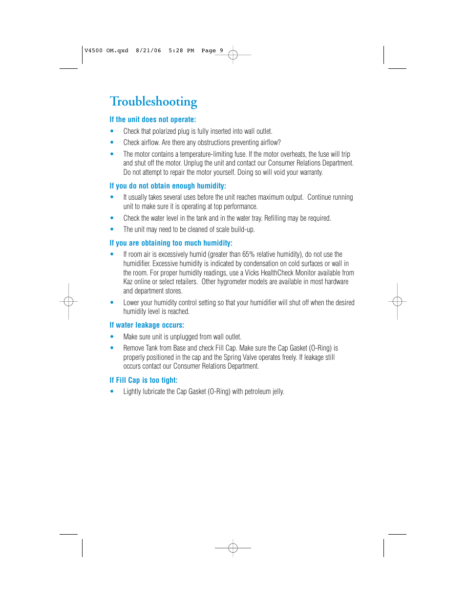 Troubleshooting | Vicks V4500 User Manual | Page 9 / 30