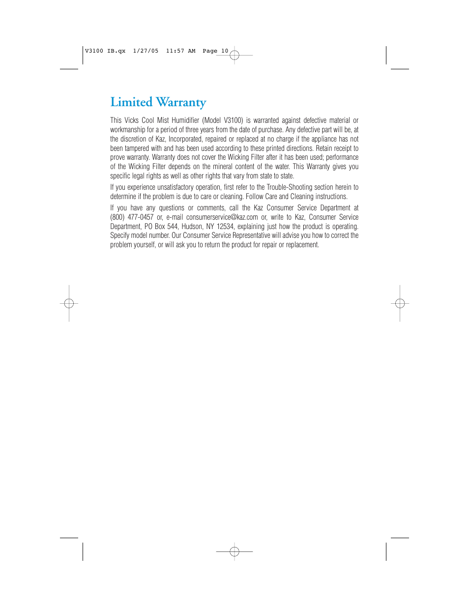 Limited warranty | Vicks Cool Mist Humidifier V3100 User Manual | Page 10 / 11