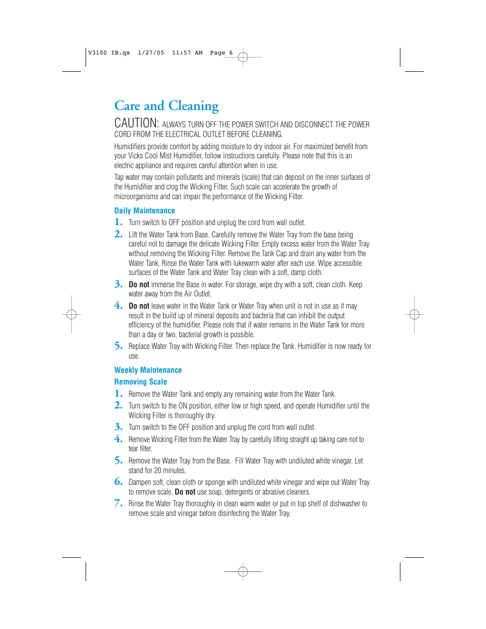 Care and cleaning, Caution | Vicks Cool Mist Humidifier V3100 User Manual | Page 6 / 11