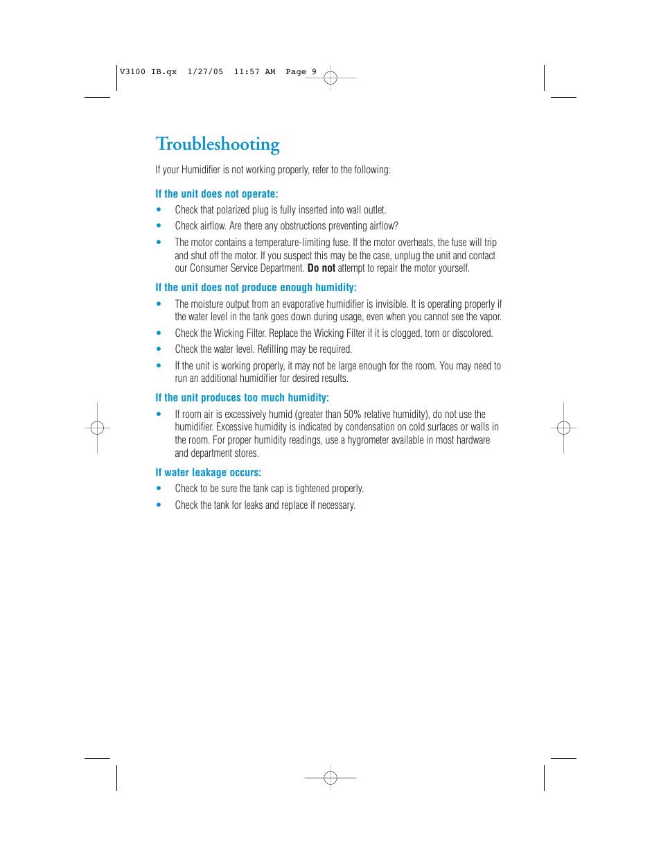 Troubleshooting | Vicks Cool Mist Humidifier V3100 User Manual | Page 9 / 11