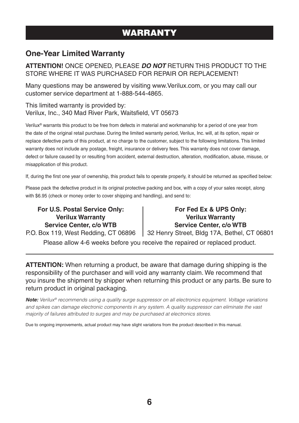 6warranty, One-year limited warranty | Verilux VM01 User Manual | Page 7 / 8