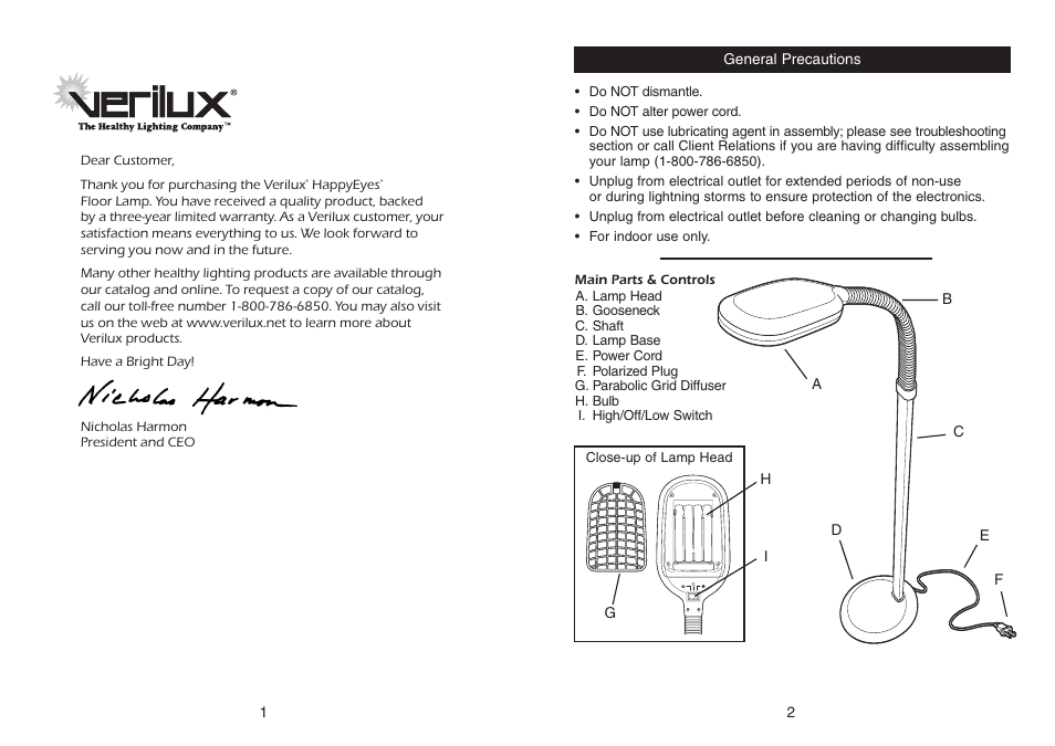 Verilux Floor Lamp User Manual | Page 2 / 6