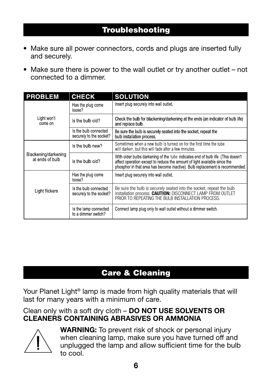6troubleshooting, Care & cleaning | Verilux PL01PLANETLIGHT User Manual | Page 6 / 8
