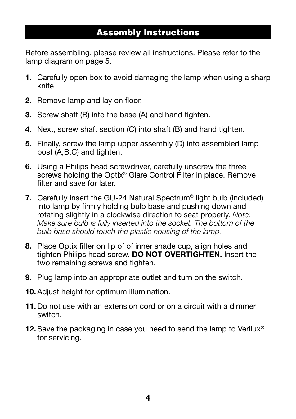 4assembly instructions | Verilux VF08 User Manual | Page 4 / 8