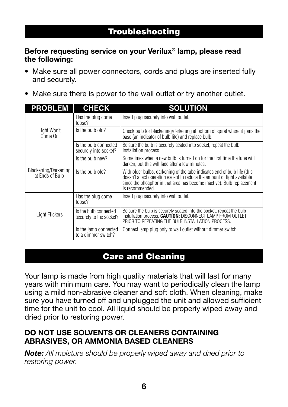 6header troubleshooting, Care and cleaning | Verilux VF08 User Manual | Page 6 / 8