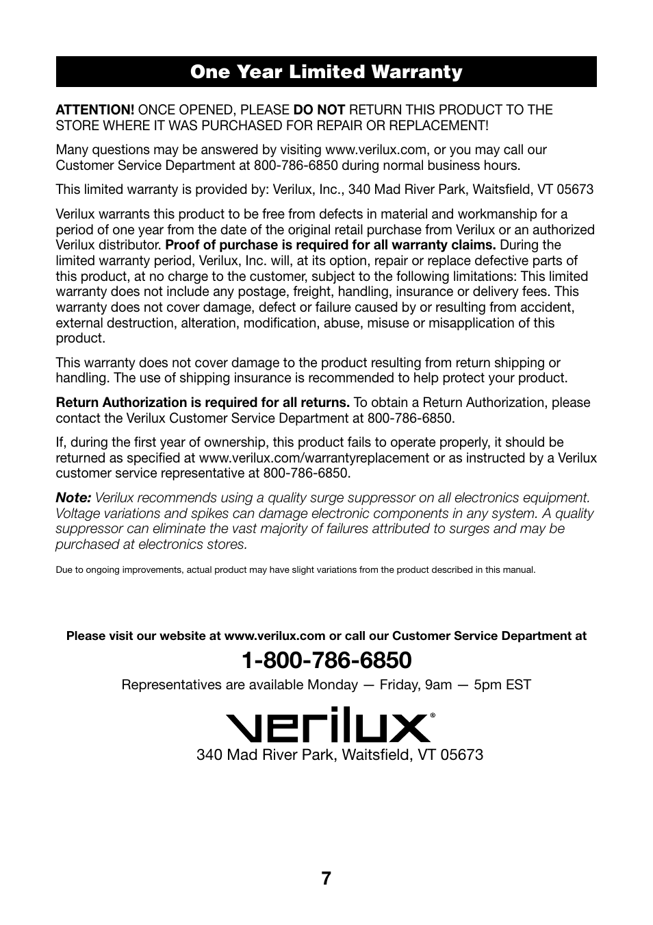 One year limited warranty | Verilux VF08 User Manual | Page 7 / 8