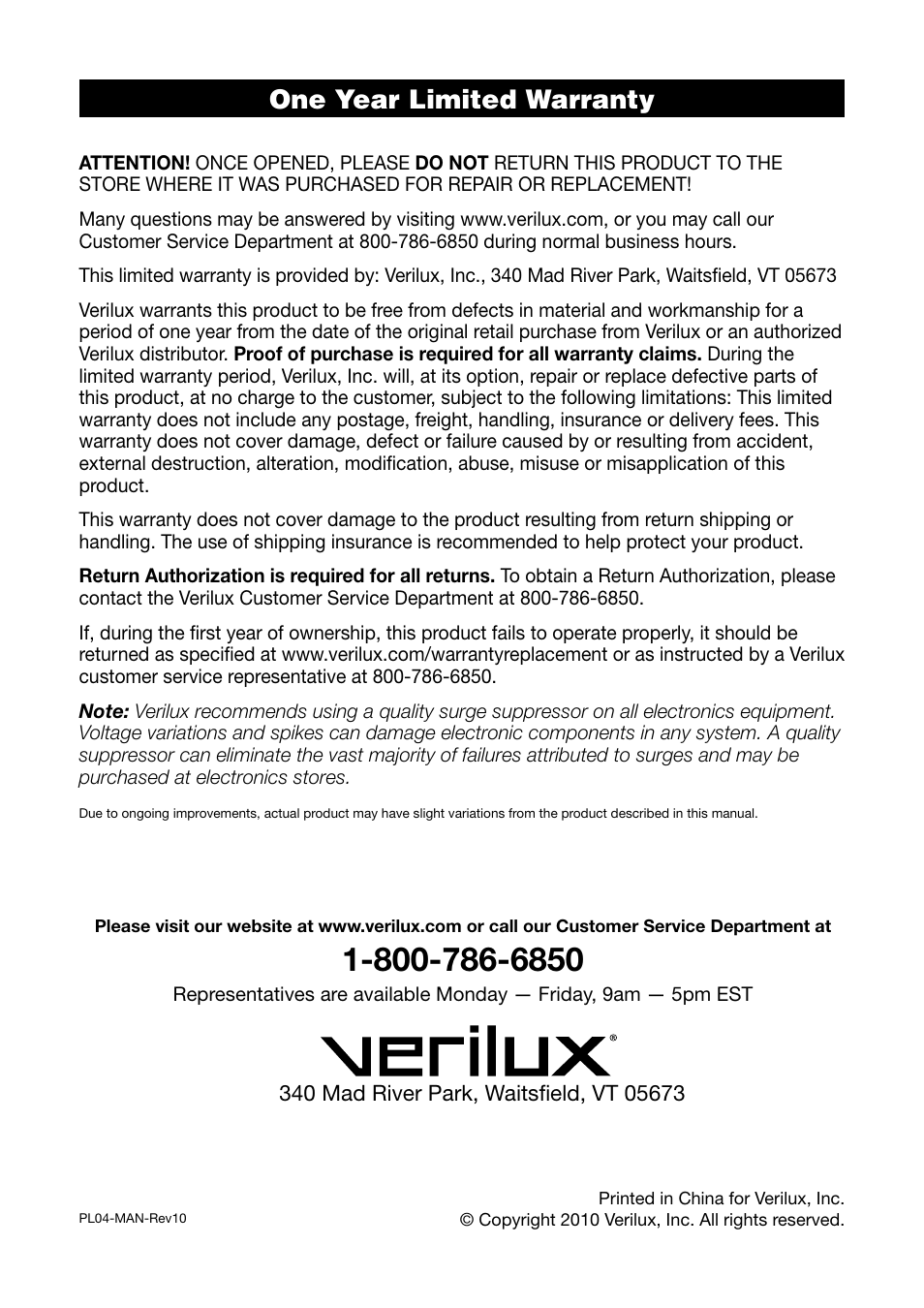One year limited warranty | Verilux PLANETLIGHT PL04 User Manual | Page 12 / 12