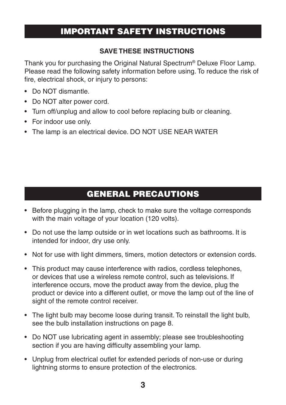Important safety instructions general precautions | Verilux VF01 User Manual | Page 3 / 12