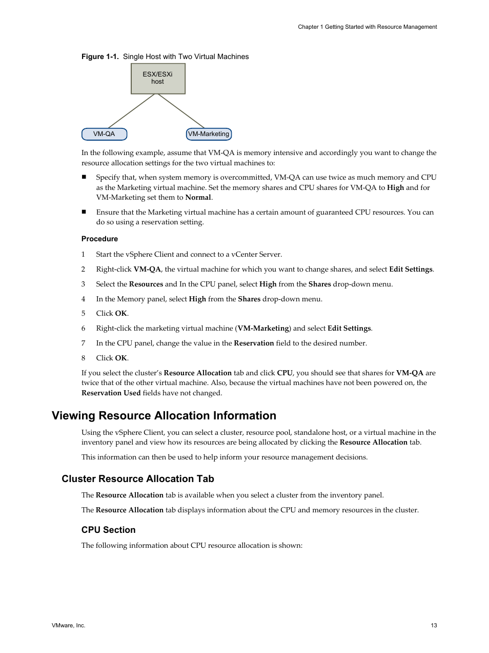 Viewing resource allocation information, Cluster resource allocation tab, Viewing resource allocation information 13 | VMware vSphere vCenter Server 4.0 User Manual | Page 13 / 106