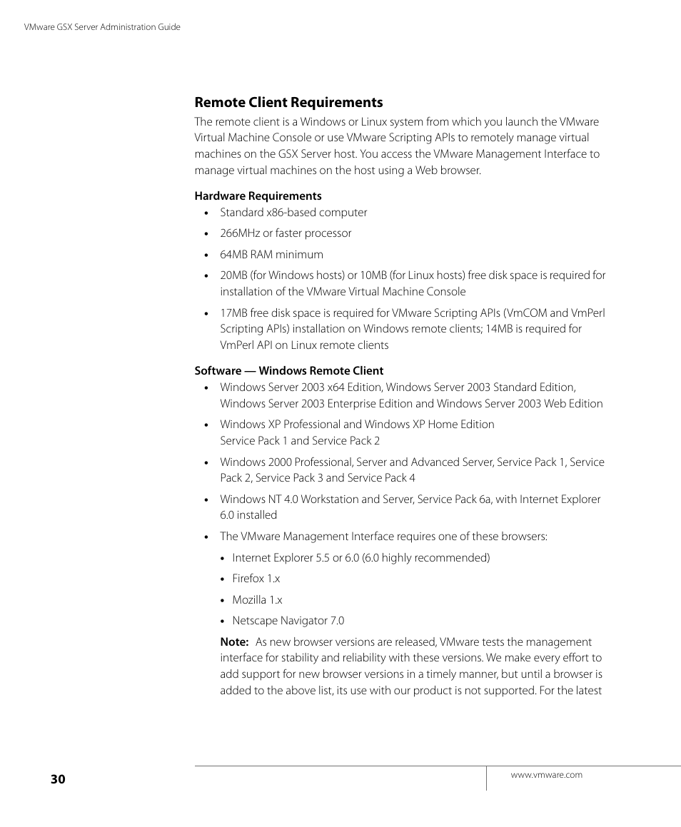 Remote client requirements | VMware GSX 3 User Manual | Page 30 / 240