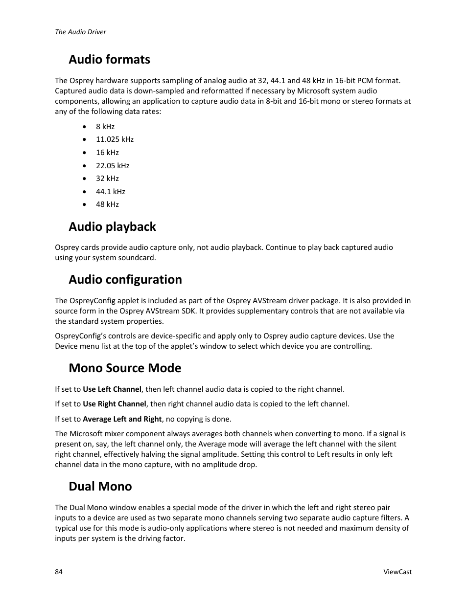 Audio formats, Audio playback, Audio configuration | Mono source mode, Dual mono | ViewCast Osprey-450e User Manual | Page 90 / 106
