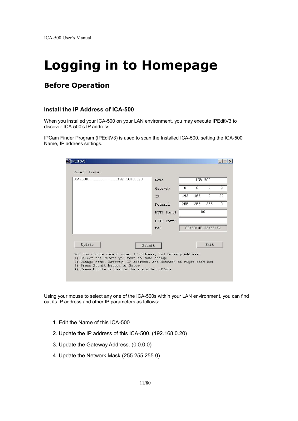 Before operation, Logging in to homepage | Veo ICA-500 User Manual | Page 11 / 80
