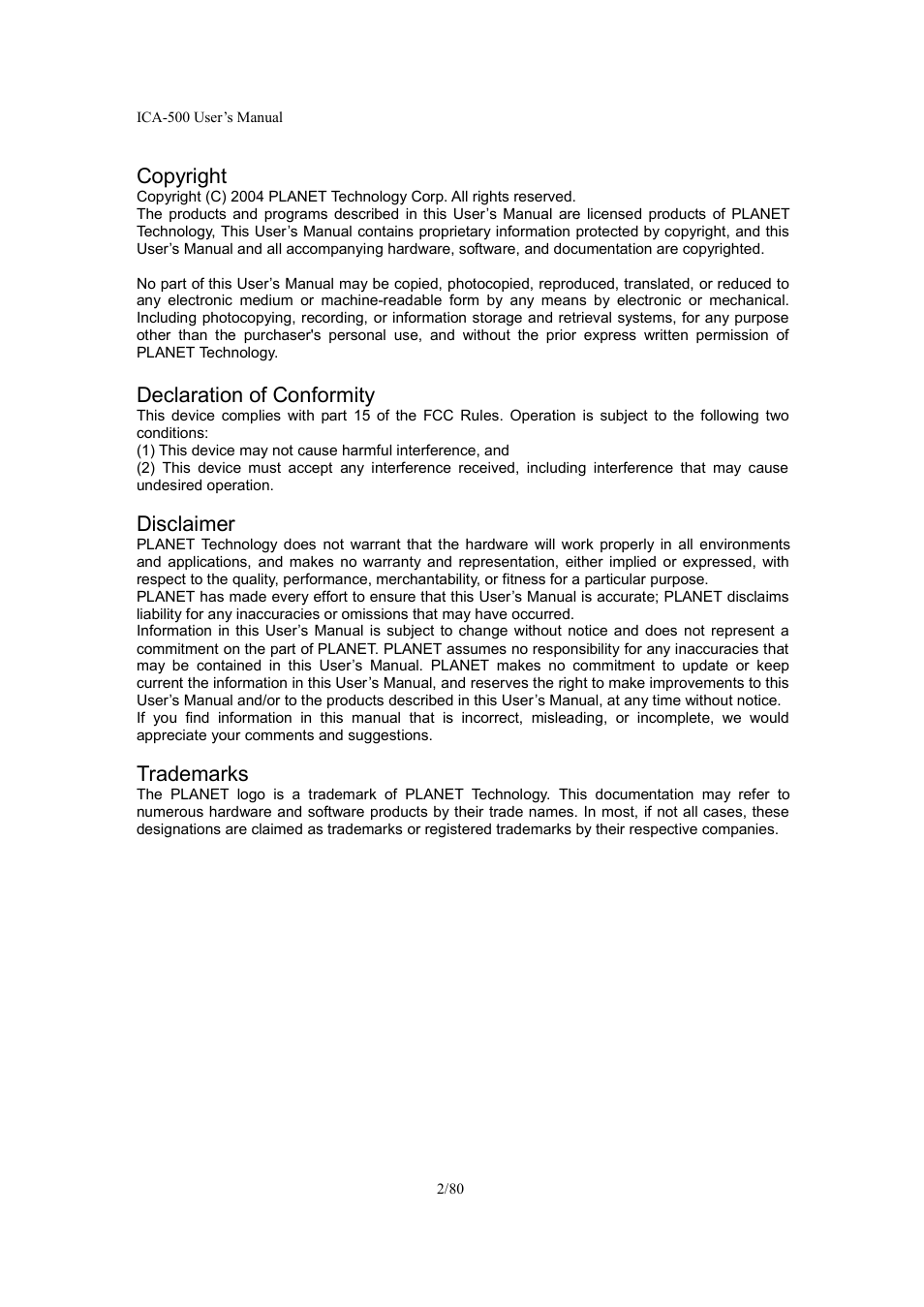 Copyright, Declaration of conformity, Disclaimer | Trademarks | Veo ICA-500 User Manual | Page 2 / 80